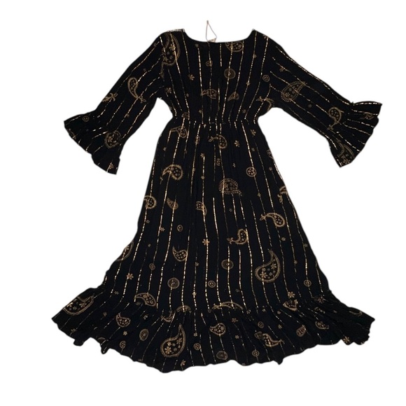 Gorgeous Bohemian Whispy Ruffle Maxi Dress Swarna Greece Black & Gold Size M NEW - Picture 2 of 8
